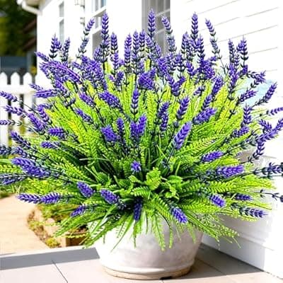 [Thinktral] Thinktral 17.8" Artificial Faux Outdoor Plants UV Resistant No Fade Spring Summer Decorations, Fake Lavender Flowers Realistic Fake Plants Monkey Grass for Porch Garden Patio Window Box