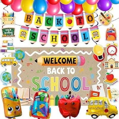 [Joy Bang] Joy Bang Back to School Decorations, Back to School Banner 12PCS Hanging Swirls 19PCS Balloons Beige Welcome Back to School Photo Backdrop Home Classroom Party Supplies Decor First Day of School Decor