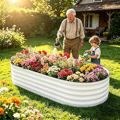 [OBENSKY] OBENSKY Galvanized Raised Garden Bed Outdoor 8x2x1.5ft, 18'' Oval Large Metal Planter Garden Boxes for Gardening, Planting Deep Root Vegetables, Herbs, Fruits, Flower, Rustproof, Rubber Strip, White