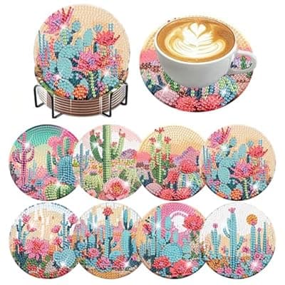 [Lophomie] Lophomie 8 Pcs Diamond Art Coasters Kits for Adults with Holder Cork Pads, Diamond Painting Coasters Kit, Diamond Dots Coaster Kit Art Crafts DIY Non-Slip 4x4in (Cactus)