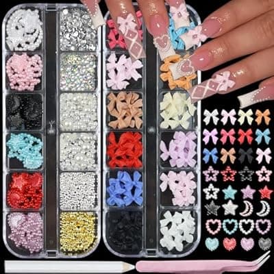 [SEMATA] SEMATA 2 Box 3D Flower Nail Charms,Nail Gems Butterfly Heart Bow Flatback Pearl Nails Rhinestones Charms for Nails Art Jewels Design Decor(Colorful-13)