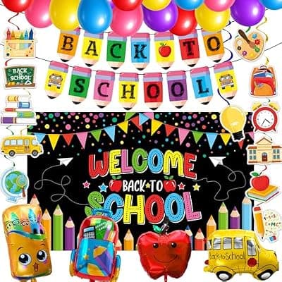 [Joy Bang] Joy Bang Back to School Decorations, Back to School Banner with Hanging Swirls Apple School Bus Pencil Balloons Welcome Back to School Photo Backdrop First Day of School Decorations Classroom Decor
