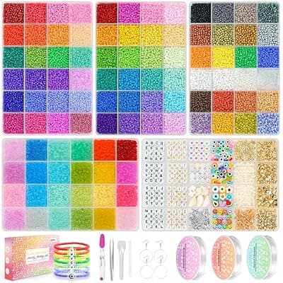 [Sistenia] Friendship Bracelet Kit 3mm Seed Beads, 30000 Pcs 8/0 96 Colors Small Glass Beads Embroidery Kit with Letter Bead Charms for Jewelry Making Gifts Necklaces Waist Beads DIY Arts and Crafts for Adults