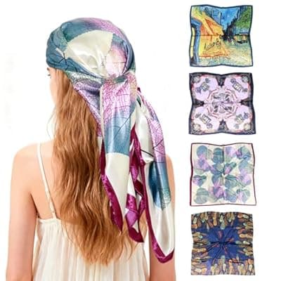 Ciormis 35" Silk Head Scarf for Women, 4 Pcs Satin Hair Scarf Square Silk Bandana Top Neck Scarves Hair Wraps for Sleeping