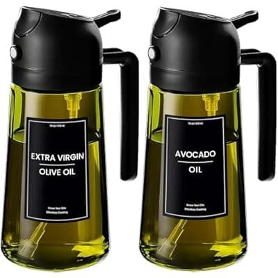 XBllcyiv 16oz/470ml Glass Olive Oil Sprayer for Cooking - 2 in 1 Olive Oil Dispenser for Kitchen Gadgets, Air Fryer, Salad, and BBQ (Black & Black)
